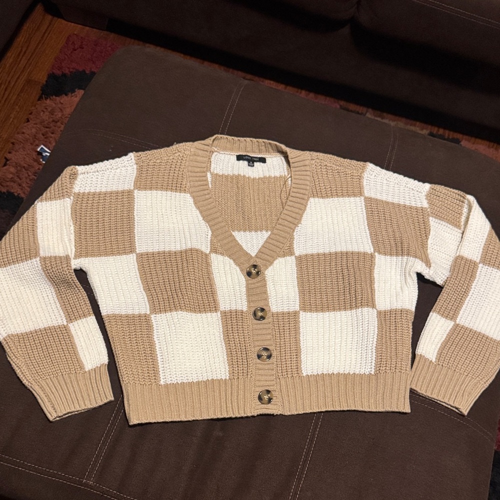 Love Tree Beige and White Checkered Cardigan